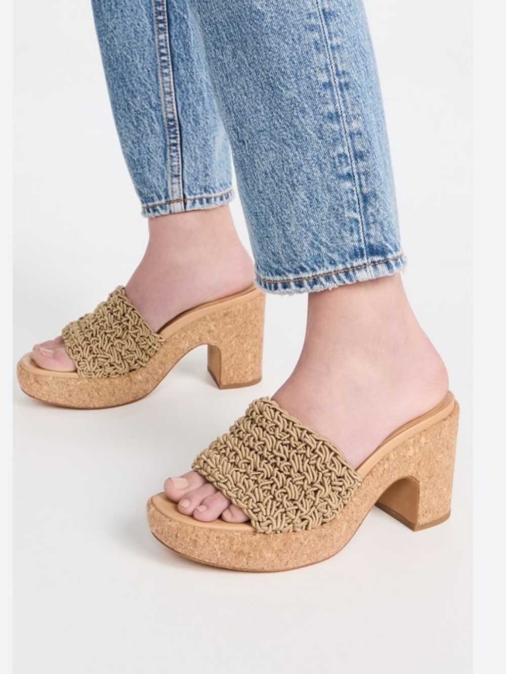 Vince Tan Woven Leather Block Heel Mules